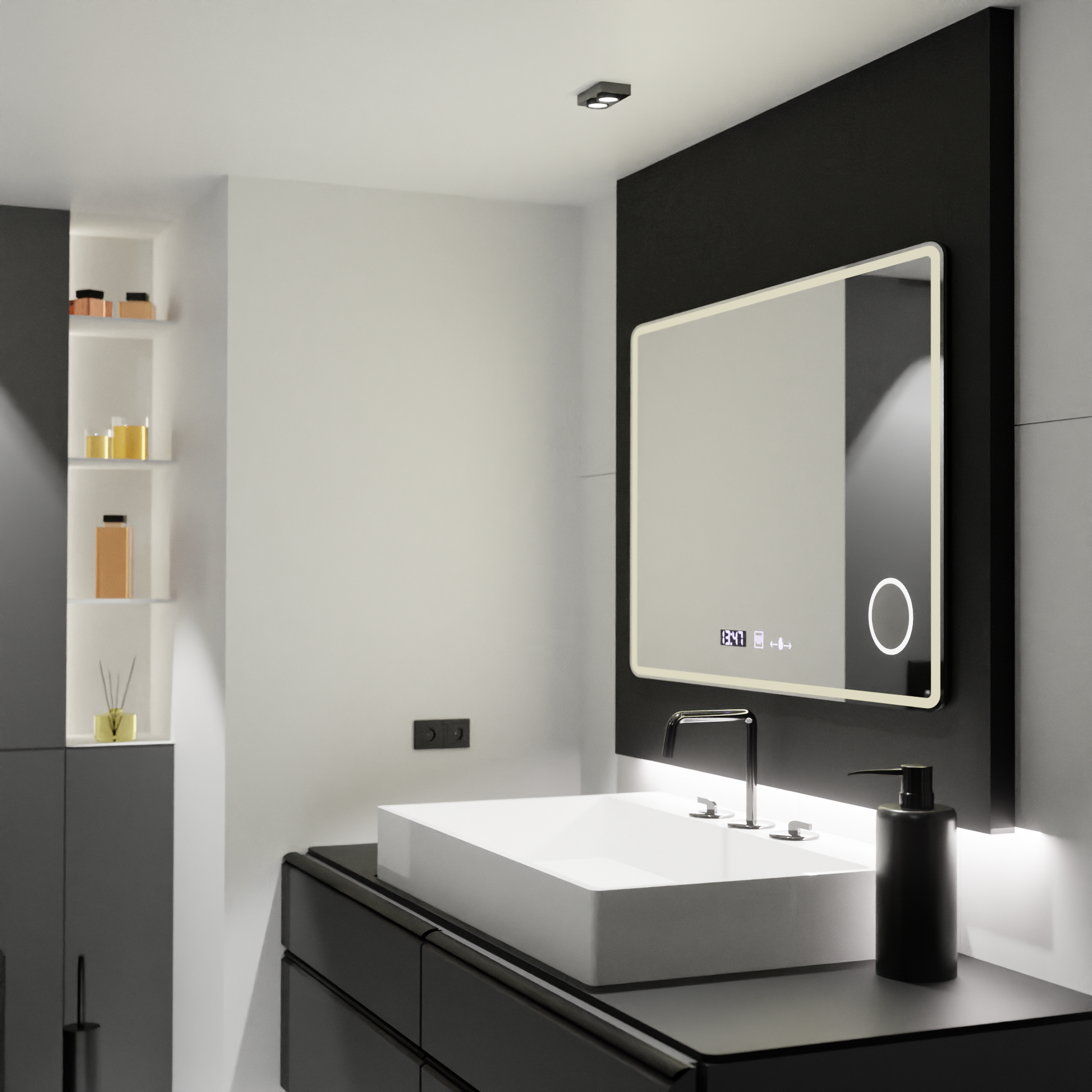Obdélníkové LED zrcadlo 120x80 Aura Riflesso Puro MotionGlow Marcello, systém odmlžování, teploměr a hodiny, stmívatelná zrcátka Marcello Výchozí název Alessandro Design