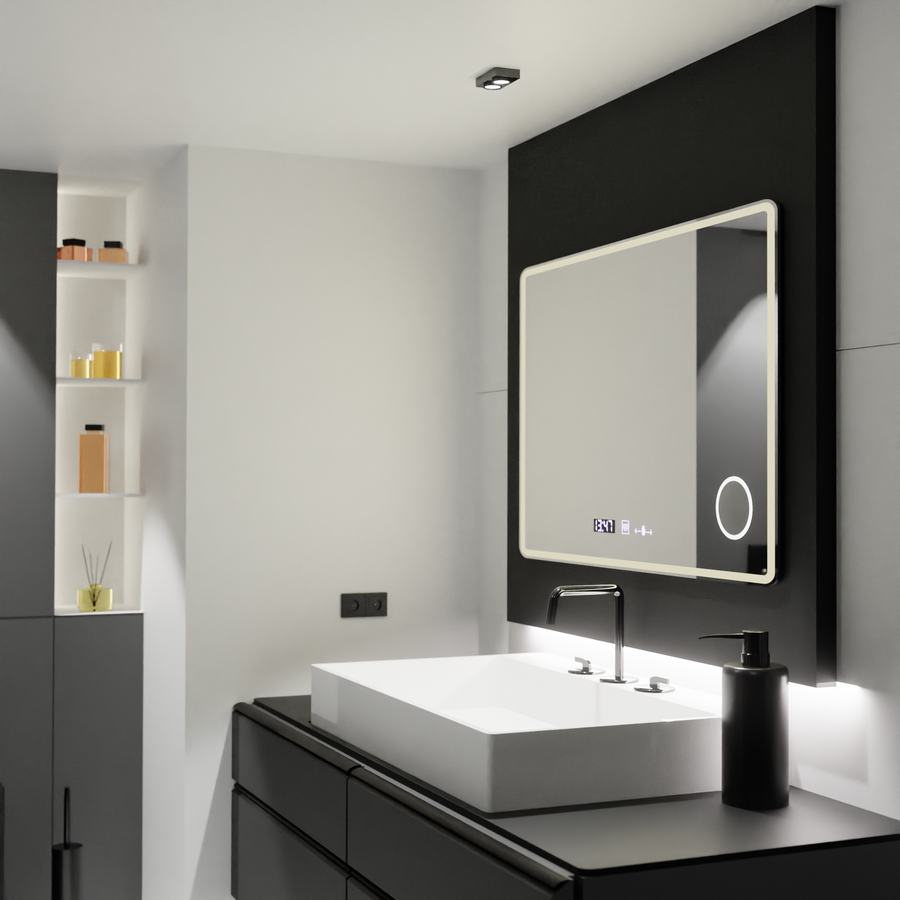 Obdélníkové LED zrcadlo 120x80 Aura Riflesso Puro MotionGlow Marcello, systém odmlžování, teploměr a hodiny, stmívatelná zrcátka Marcello Výchozí název Alessandro Design