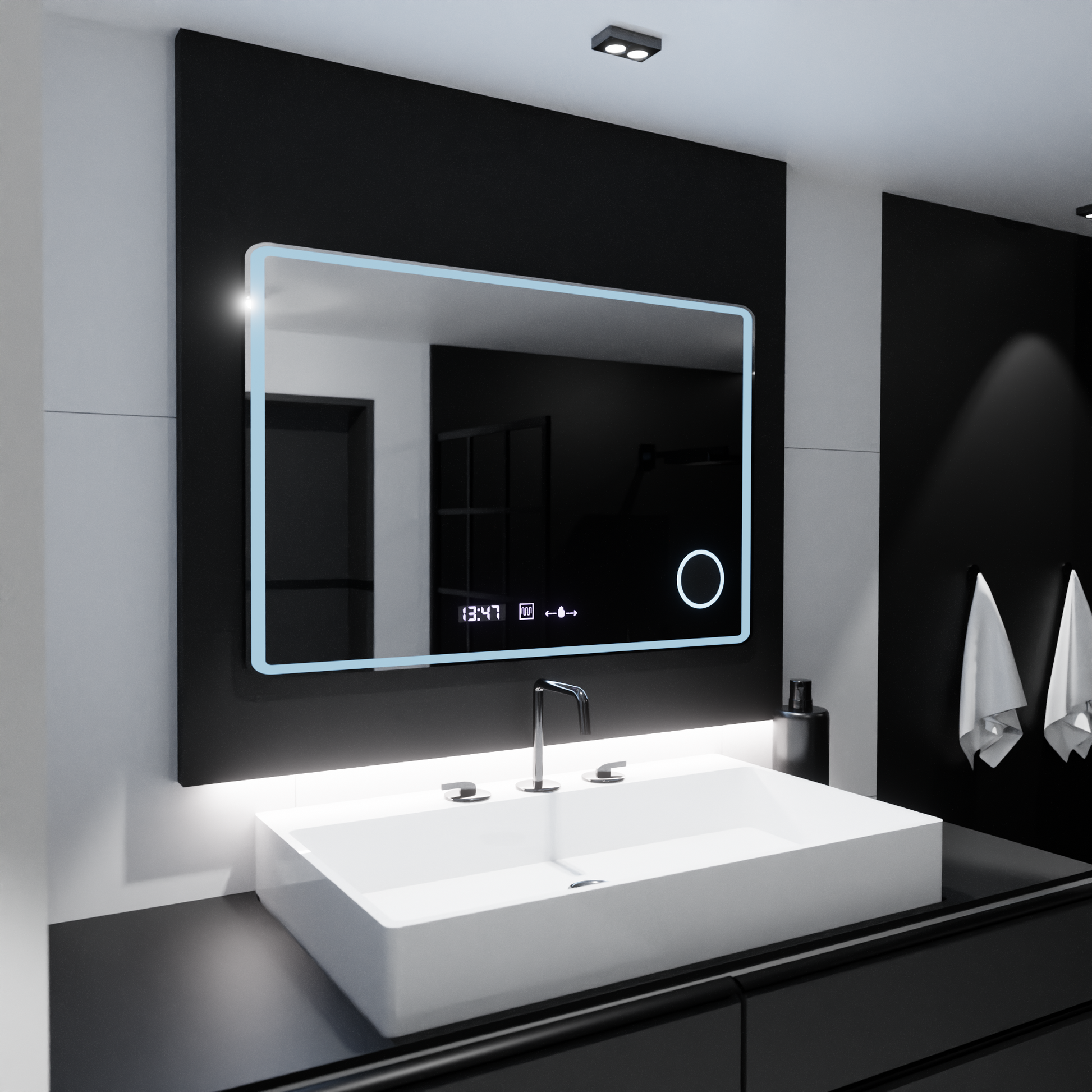 Obdélníkové LED zrcadlo 120x80 Aura Riflesso Puro MotionGlow Marcello, systém odmlžování, teploměr a hodiny, stmívatelná zrcátka Marcello Výchozí název Alessandro Design