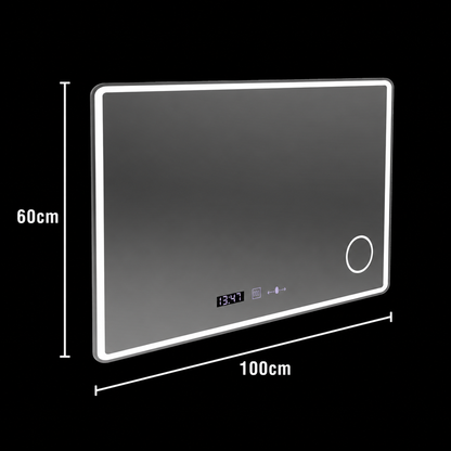 Obdélníkové LED zrcadlo 100x60 Aura Riflesso Puro MotionGlow Marcello, Demister System, Hodiny, Stmívatelné