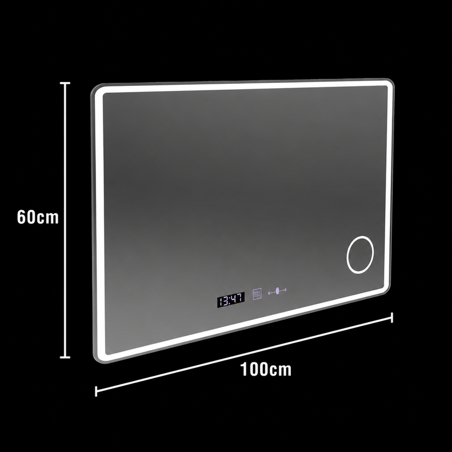 Obdélníkové LED zrcadlo 100x60 Aura Riflesso Puro MotionGlow Marcello, Demister System, Hodiny, Stmívatelné