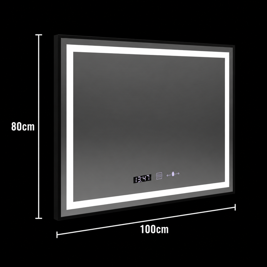 Obdélníkové LED zrcadlo, 100x80cm, Verite Majeste Noir MotionGlow Marcello, Demister System, Hodiny & Teploměr, Stmívatelné