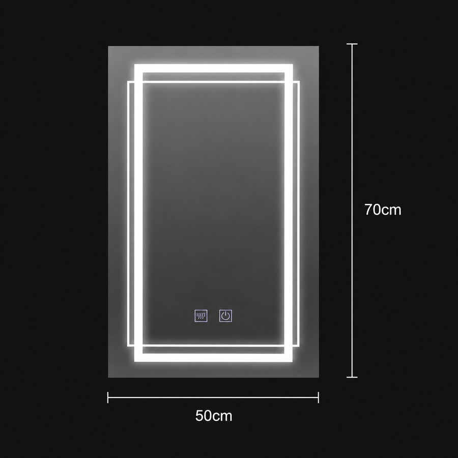 Obdélníkové LED zrcadlo, 50x70cm, KOVEN Touch, Demister System, Stmívatelné