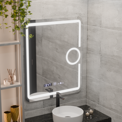 Obdélníkové LED zrcadlo, 75x90cm, Eclat MotionGlow Marcello, Demister System, Hodiny & Teploměr, Kosmetická lupa, Stmívatelné