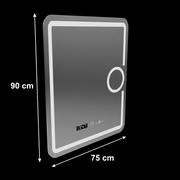 Obdélníkové LED zrcadlo, 75x90cm, Eclat MotionGlow Marcello, Demister System, Hodiny & Teploměr, Kosmetická lupa, Stmívatelné