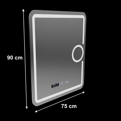 Obdélníkové LED zrcadlo, 75x90cm, Eclat MotionGlow Marcello, Demister System, Hodiny & Teploměr, Kosmetická lupa, Stmívatelné