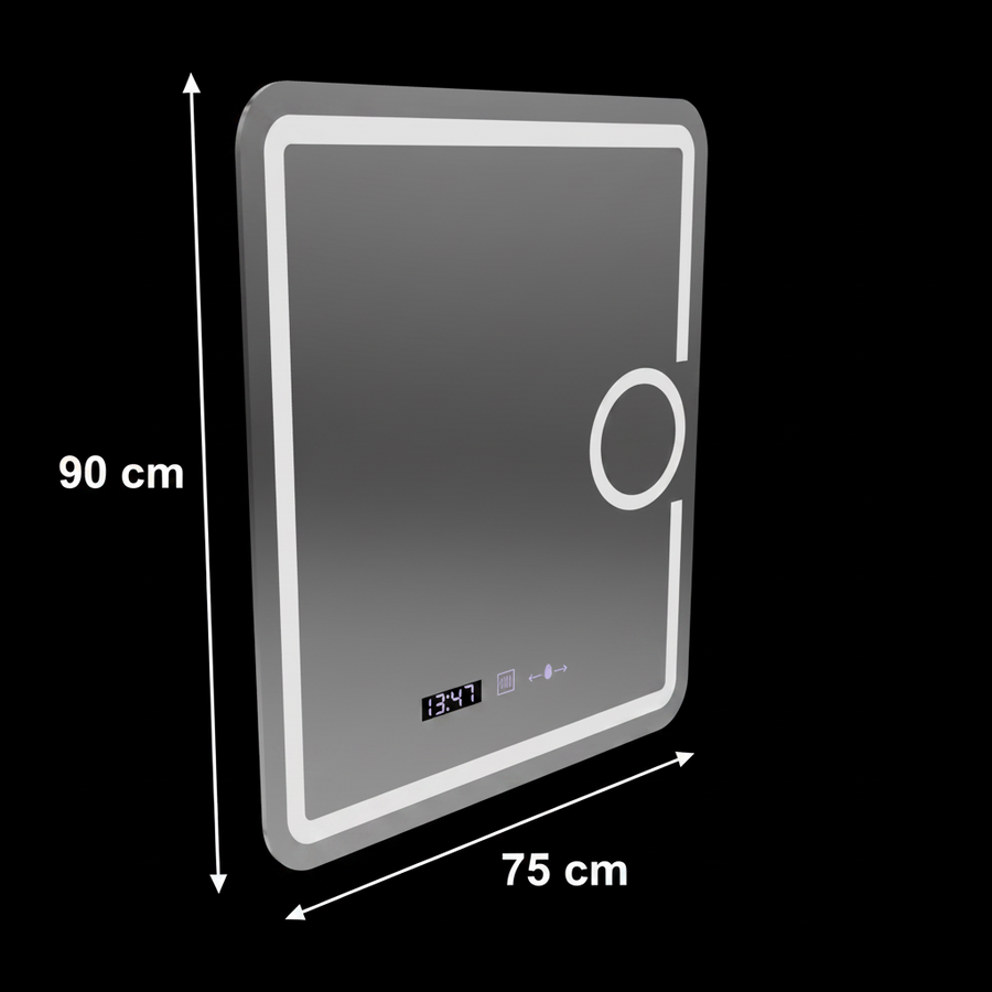 Obdélníkové LED zrcadlo, 75x90cm, Eclat MotionGlow Marcello, Demister System, Hodiny & Teploměr, Kosmetická lupa, Stmívatelné