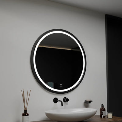 Kulaté LED zrcadlo, 90 cm, horizontální černý rám, Basic Touch