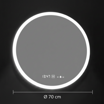 GIULIA Kulaté LED zrcadlo, 70 cm, MotionGlow senzor, Demister System, Hodiny & Teploměr, Stmívatelné, Marcello Funghi