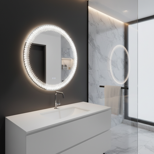 Nexos kulaté LED zrcadlo, 60cm, 24W, teplé/studené/neutrální světlo, senzor, Demister System, Hodiny, Stmívatelné