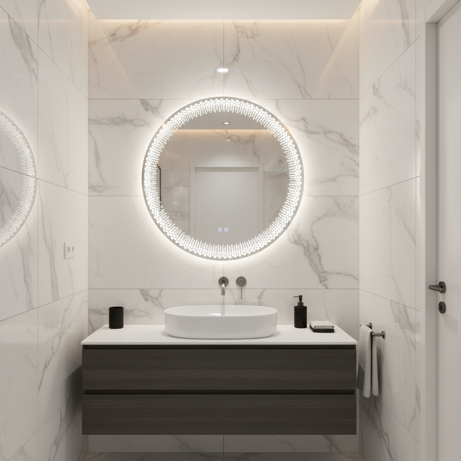 Nexos kulaté LED zrcadlo, 60cm, 24W, teplé/studené/neutrální světlo, senzor, Demister System, Hodiny, Stmívatelné