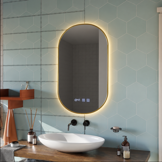 Konrad LED Touch Mirror Demist System, hodiny a teplota 50x80 cm rám z kartáčovaného zlata, teplé neutrální studené světlo 3000K/4000K/6000K