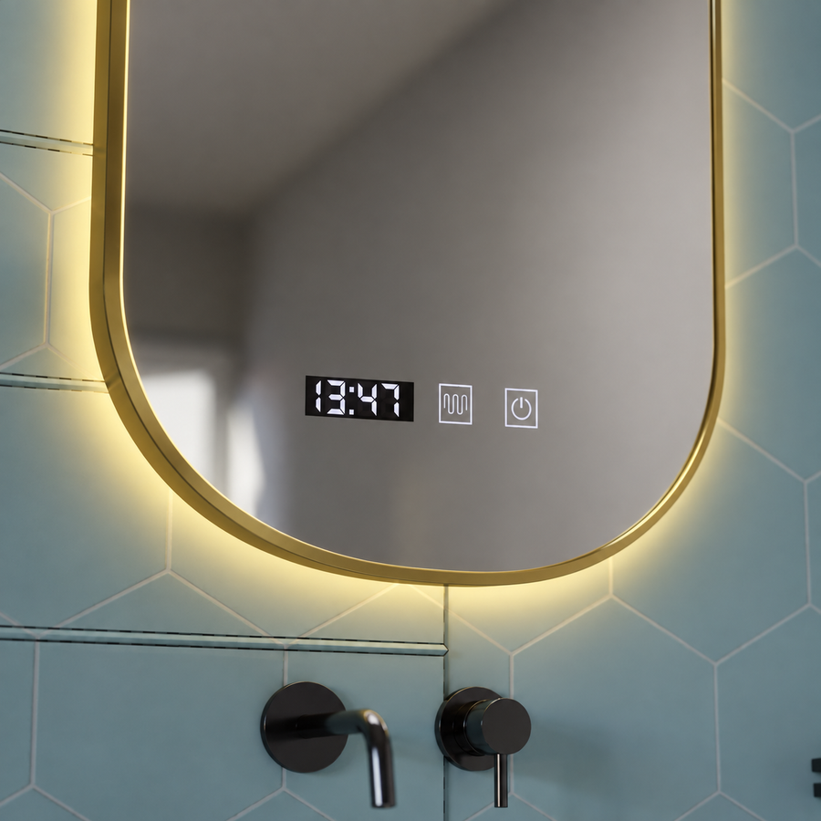 Konrad LED Touch Mirror Demist System, hodiny a teplota 50x80 cm rám z kartáčovaného zlata, teplé neutrální studené světlo 3000K/4000K/6000K