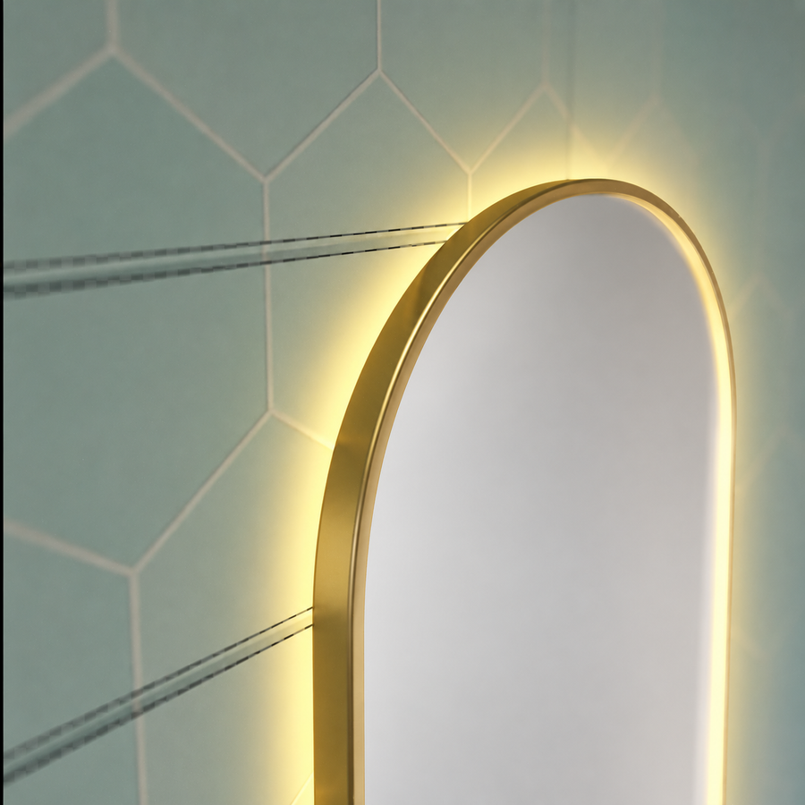 Konrad LED Touch Mirror Demist System, hodiny a teplota 50x80 cm rám z kartáčovaného zlata, teplé neutrální studené světlo 3000K/4000K/6000K