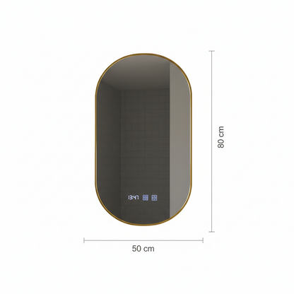 Konrad LED Touch Mirror Demist System, hodiny a teplota 50x80 cm rám z kartáčovaného zlata, teplé neutrální studené světlo 3000K/4000K/6000K