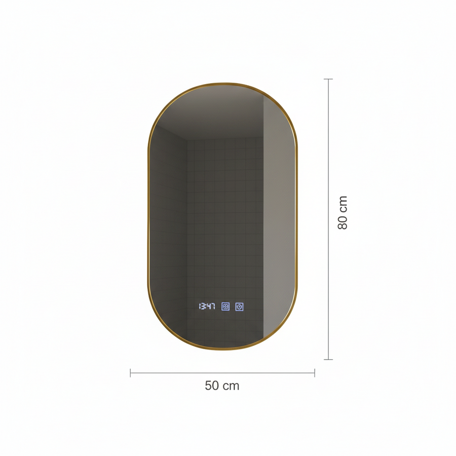 Konrad LED Touch Mirror Demist System, hodiny a teplota 50x80 cm rám z kartáčovaného zlata, teplé neutrální studené světlo 3000K/4000K/6000K