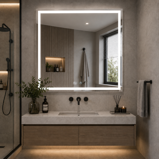 WAMOSK LED zrcadlo, 52W, 75x90cm, bílé, senzor, světlo 3000K, 4000K, 6000K, Demister System, kov, funkce hodin a teploty