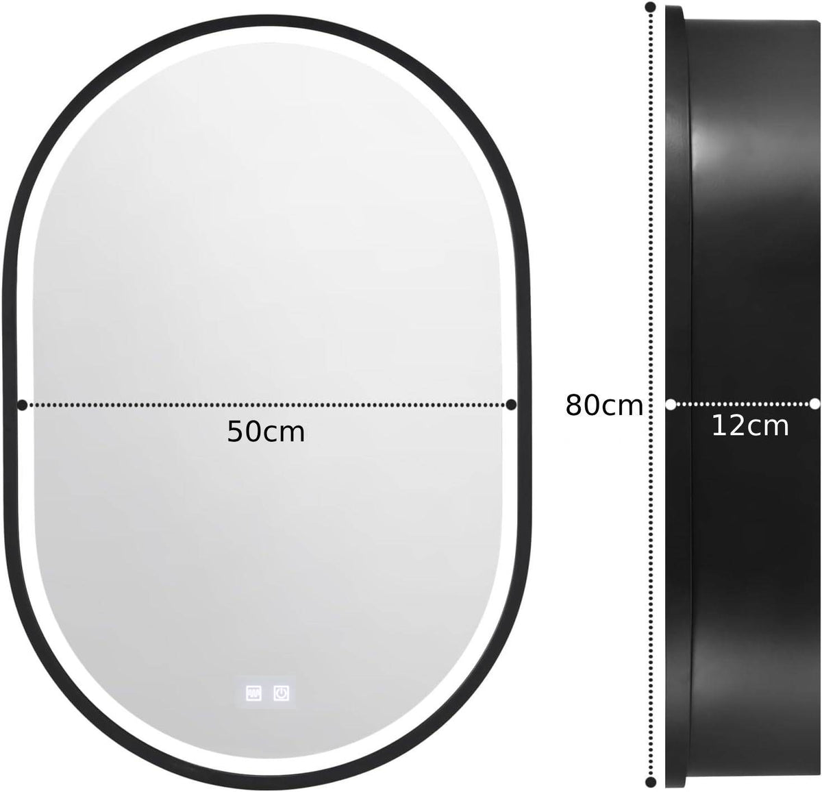 LED zrcadlo se skříňkou, oválné, 50x80 cm, odmlžování, studené/teplé/neutrální světlo, černý rám, úložný prostor Zrcadla skříněk Výchozí název Alessandro Design