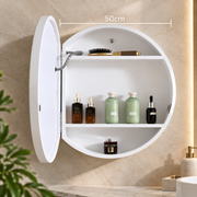 LED zrcadlo se skříňkou, kulaté, 10W, 50x50cm, odmlžování, černý rám, úložný prostor