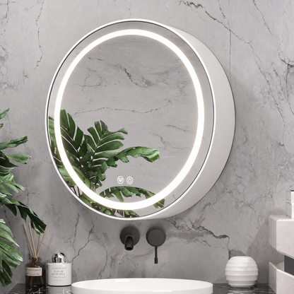 LED zrcadlo se skříňkou, kulaté, 10W, 50x50cm, odmlžování, černý rám, úložný prostor