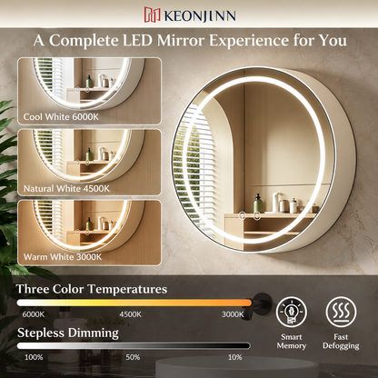 LED zrcadlo se skříňkou, kulaté, 10W, 50x50cm, odmlžování, černý rám, úložný prostor