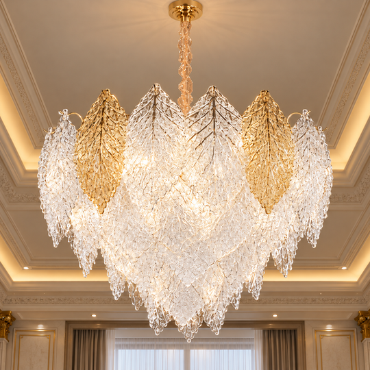 Křišťálový lustr LACE Eleganza 9xE14, Průměr 50cm, Výška 36cm, Lesklá zlatá, Nastavitelná výška, Elegantní design