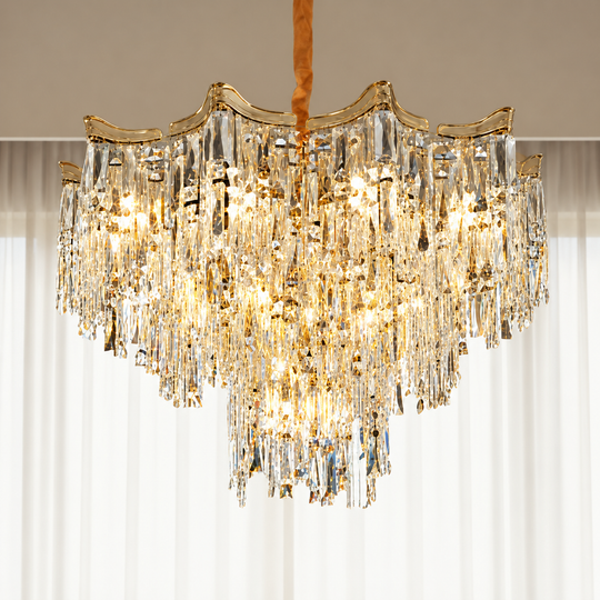 Křišťálový lustr VETRA Magno 10xE14, H60 cm, zlatý, nastavitelná výška, kov a křišťál