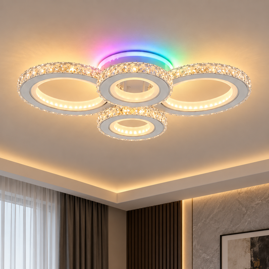 LED stropní svítidlo s dálkovým ovládáním a krystalem NOVA ROTONDA RGB 82W, 4 kruhy, studené/teplé/neutrální světlo, stmívatelné, bílá