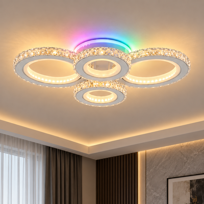 LED stropní svítidlo s dálkovým ovládáním a krystalem NOVA ROTONDA RGB 82W, 4 kruhy, studené/teplé/neutrální světlo, stmívatelné, bílá