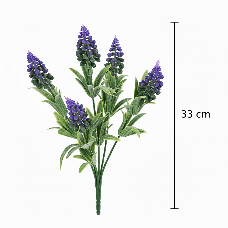 Umělá rostlina, dekorativní květ levandule, 5 větví, 33 cm, fialová a zelená, sada 2 ks