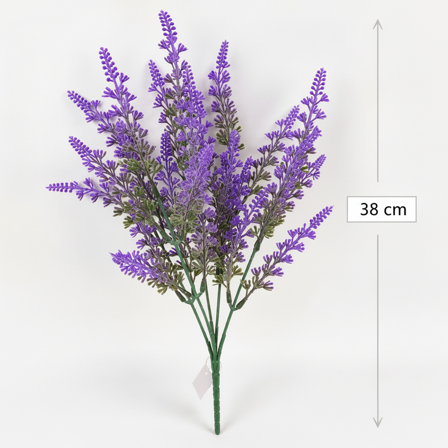 Umělá rostlina, dekorativní květ levandule, 5 větví, 38 cm, fialová a zelená, sada 2 ks