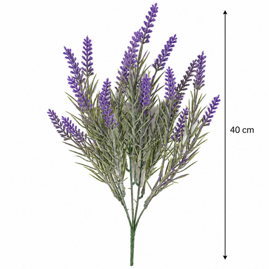 Umělá rostlina, dekorativní květ levandule, 5 větví, 40 cm, fialová a zelená, sada 2 kusů