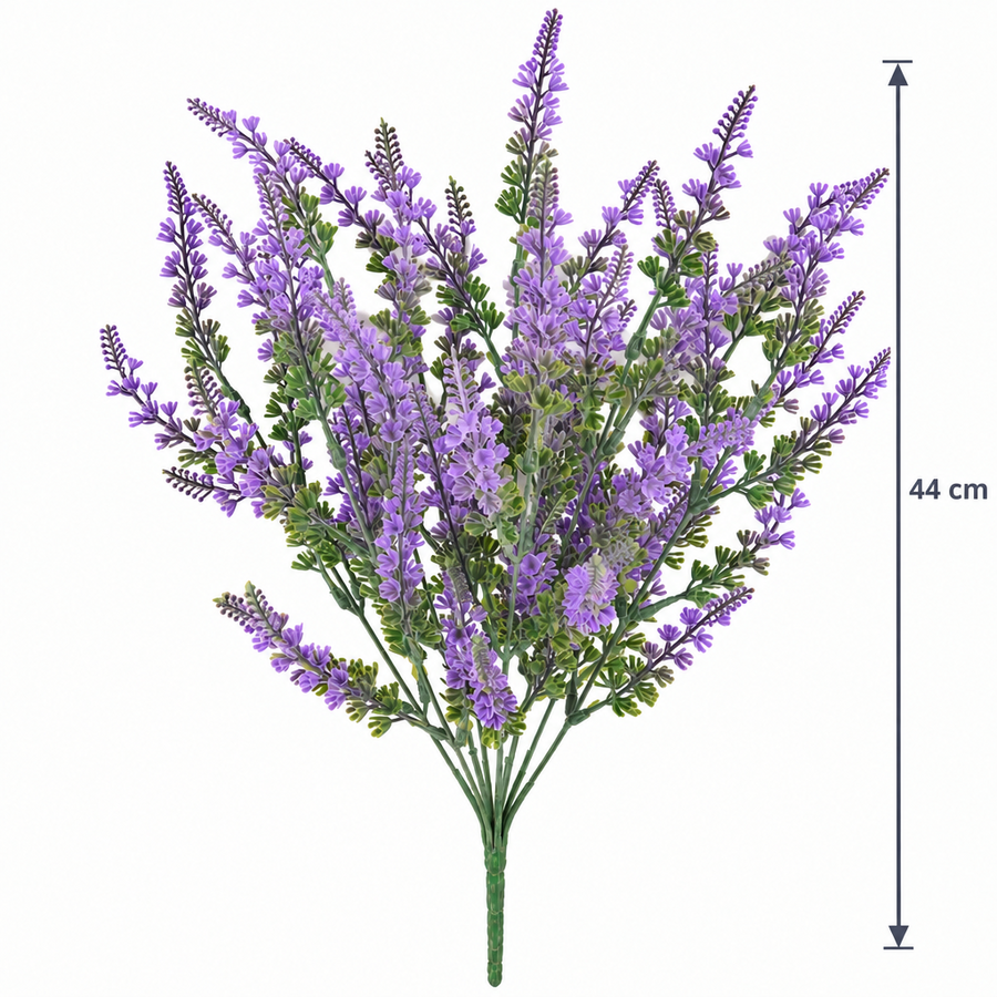 Umělá rostlina, dekorativní květ levandule, 9 větví, 44 cm, fialová a zelená, sada 2 kusů