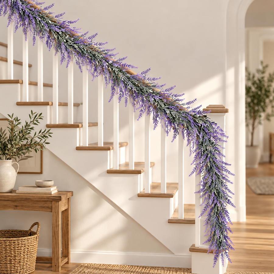 Umělá rostlina dekorativní levandulová girlanda, bohatý vzhled, 185 cm, 122 větví, zelená a fialová, sada 2 ks