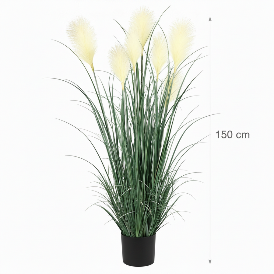 Umělá rostlinná okrasná tráva, 150 cm, se 7 dráty, rákos a tráva, zelená a bílá, bez květináče