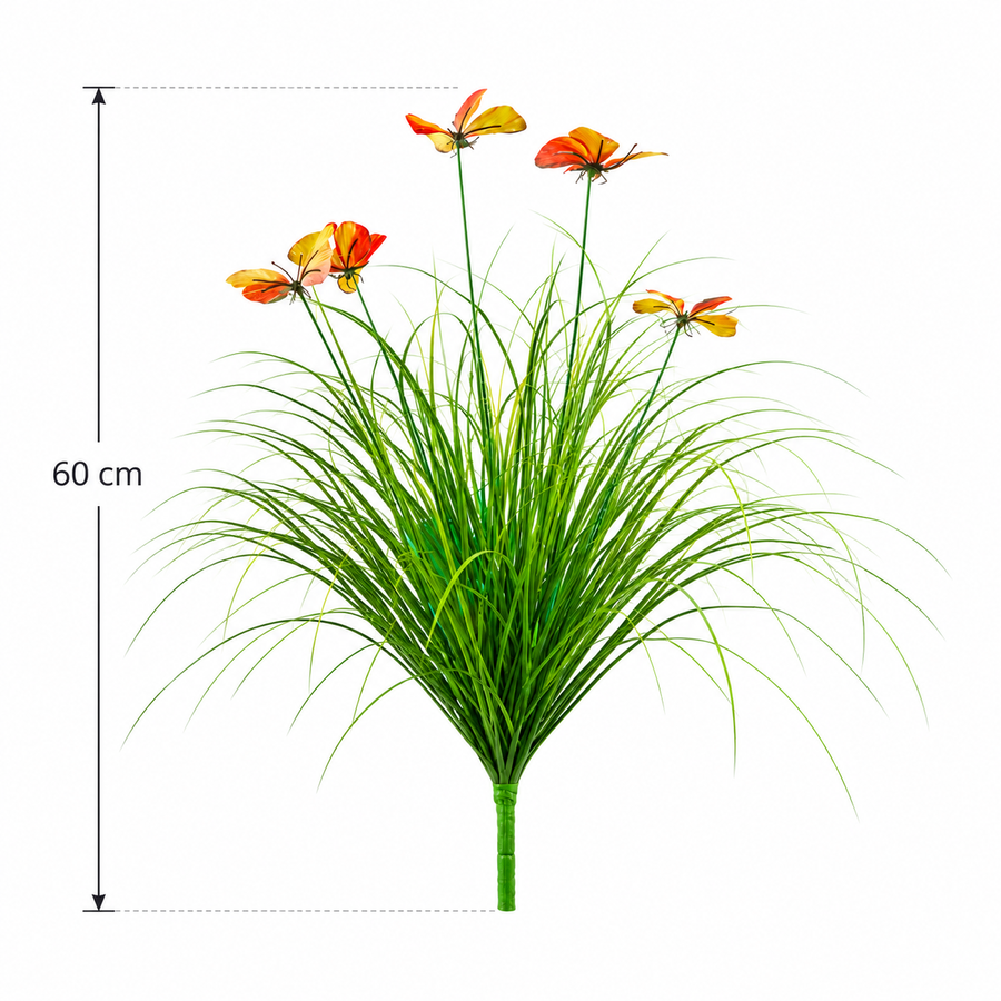 Umělá okrasná rostlina z motýlí trávy, 60 cm, s 5 květy, zelené a červené, bez květináče