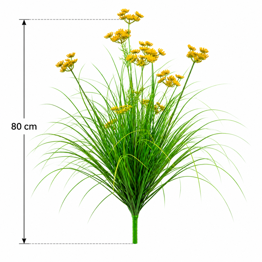Typ umělého kopru z okrasné trávy, 80 cm, s 9 květy, zelené a žluté, bez květináče