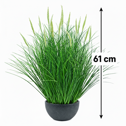 Umělá rostlina, okrasná tráva v květináči, 61 cm, s 19 kořením, zelená a bílá