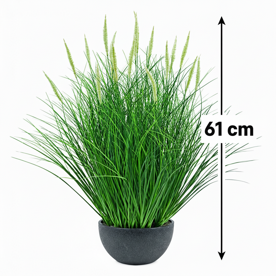 Umělá rostlina, okrasná tráva v květináči, 61 cm, s 19 kořením, zelená a bílá