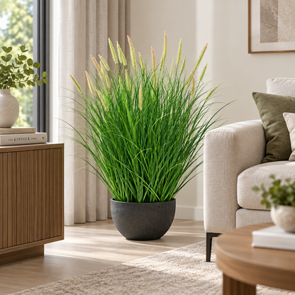 Umělá rostlina, okrasná tráva v květináči, 70 cm, s 25 kořením, zelená a růžová