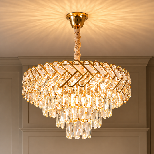 Křišťálový lustr VECTOR Elegance 8xE14, průměr 48 cm, lesklé zlato, nastavitelná výška, kov a křišťál