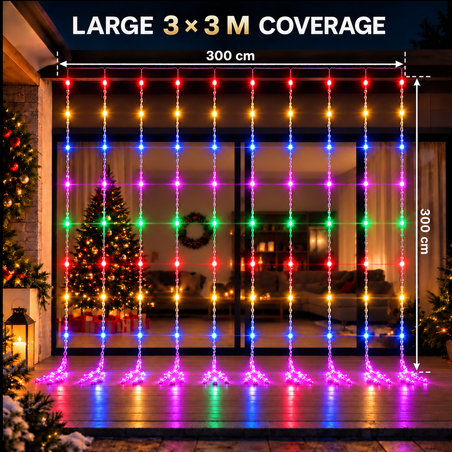 Vánoční instalace typu deště, vícebarevné světlo, 300 x 300 cm, 320 LED