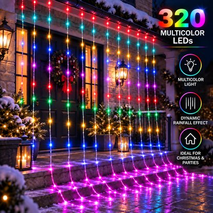 Vánoční instalace typu deště, vícebarevné světlo, 300 x 300 cm, 320 LED