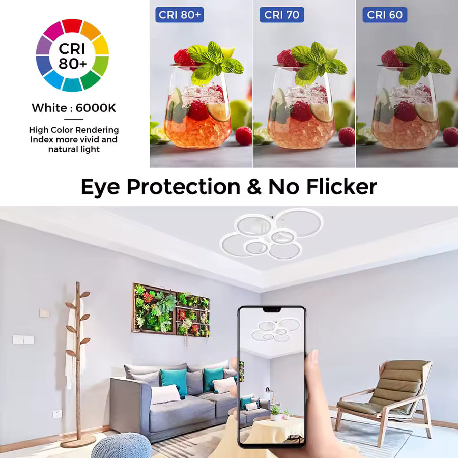 LED lustr s dálkovým ovládáním BETTY 82W, 6 kruhů, Studené/Teplé/Neutrální světlo, Stmívatelné, Bílá