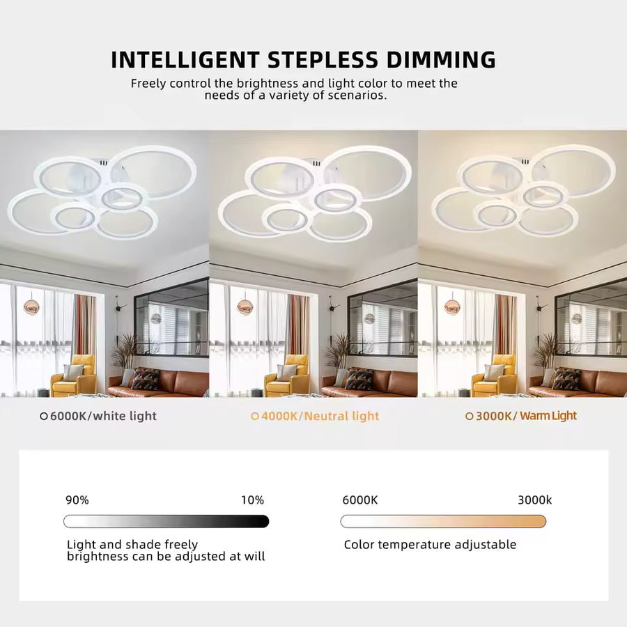 LED lustr s dálkovým ovládáním BETTY 82W, 6 kruhů, Studené/Teplé/Neutrální světlo, Stmívatelné, Bílá