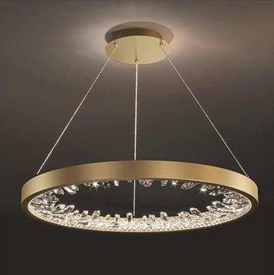 Závěsný LED lustr s dálkovým ovládáním, krystaly K9, 29W, 1 kruh, studené/teplé/neutrální světlo, stmívatelné, zlaté, výškově nastavitelné