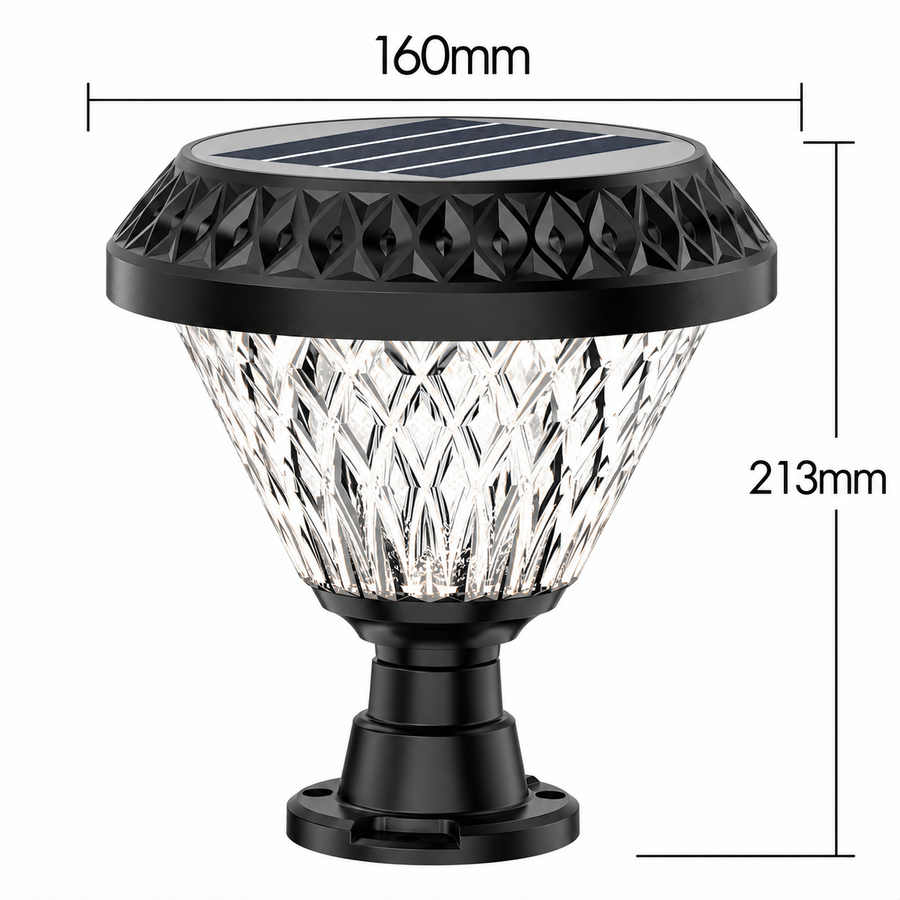 LED solární lampa pro venkovní sloup KATTAKURGAN, 8W, teplé/studené/neutrální světlo + RGB, kulatý tvar, hliník, černá, stmívatelná