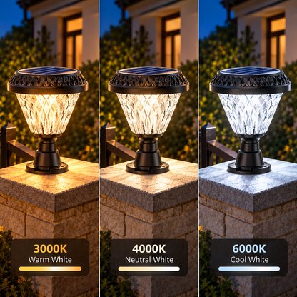 LED solární lampa pro venkovní sloup KATTAKURGAN, 8W, teplé/studené/neutrální světlo + RGB, kulatý tvar, hliník, černá, stmívatelná