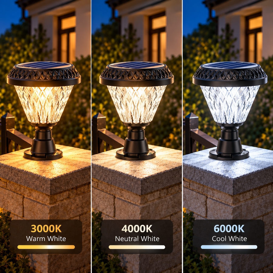 LED solární lampa pro venkovní sloup KATTAKURGAN, 8W, teplé/studené/neutrální světlo + RGB, kulatý tvar, hliník, černá, stmívatelná