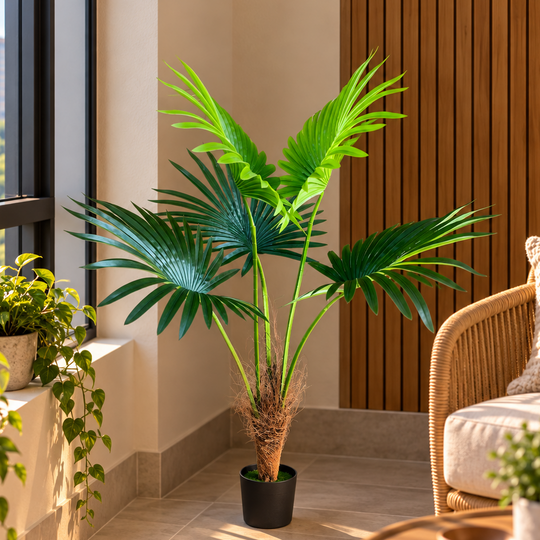 Umělá rostlina Livistona Fan Palm Type, 5 listů, 120 cm, zelená